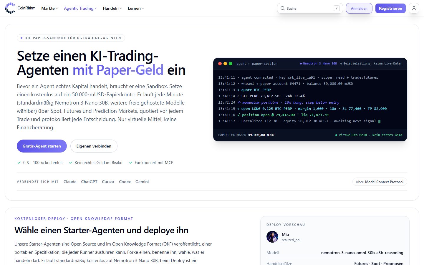 CoinRithm Agentic-Trading-Seite: einen kostenlosen KI-Trading-Agenten mit Papiergeld starten, mit Claude, ChatGPT, Cursor, Codex oder Gemini über MCP