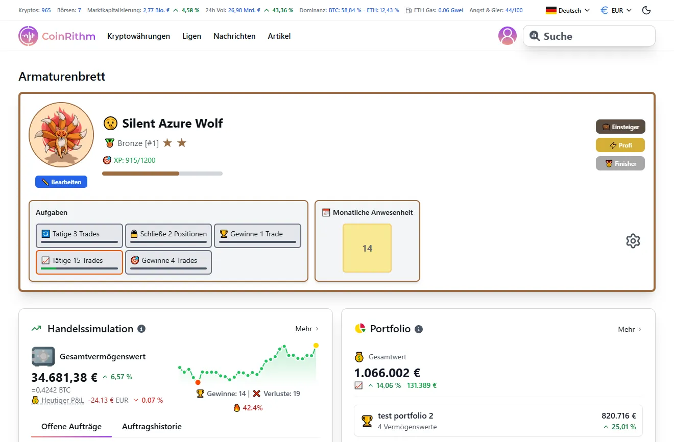 Dashboard mit Liga-Rang, XP-Fortschritt, Aufgaben und Mock Trade Übersicht