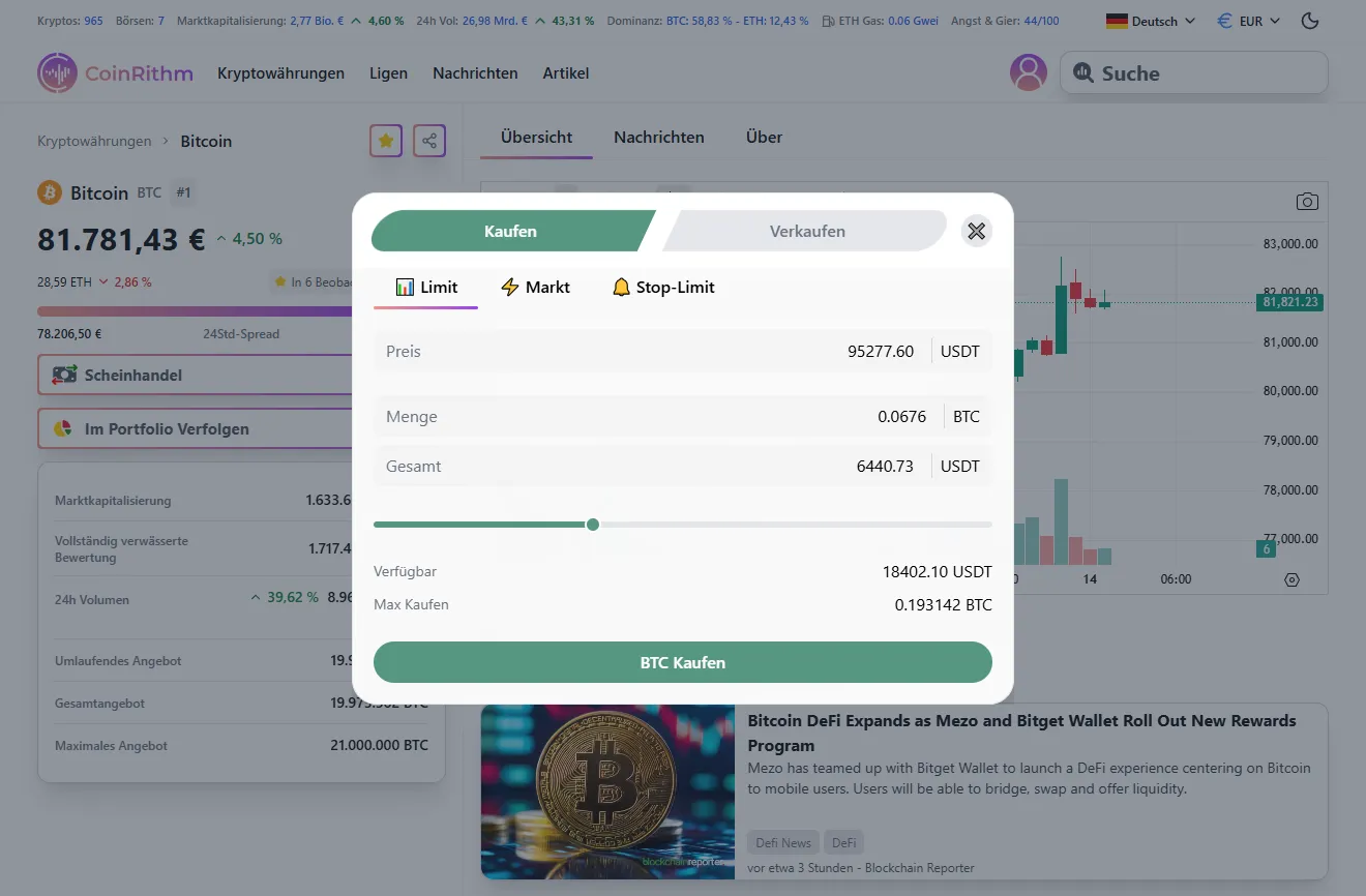 Bitcoin Order-Interface mit Market-Kauforder mit Available-Guthaben und Max Buy