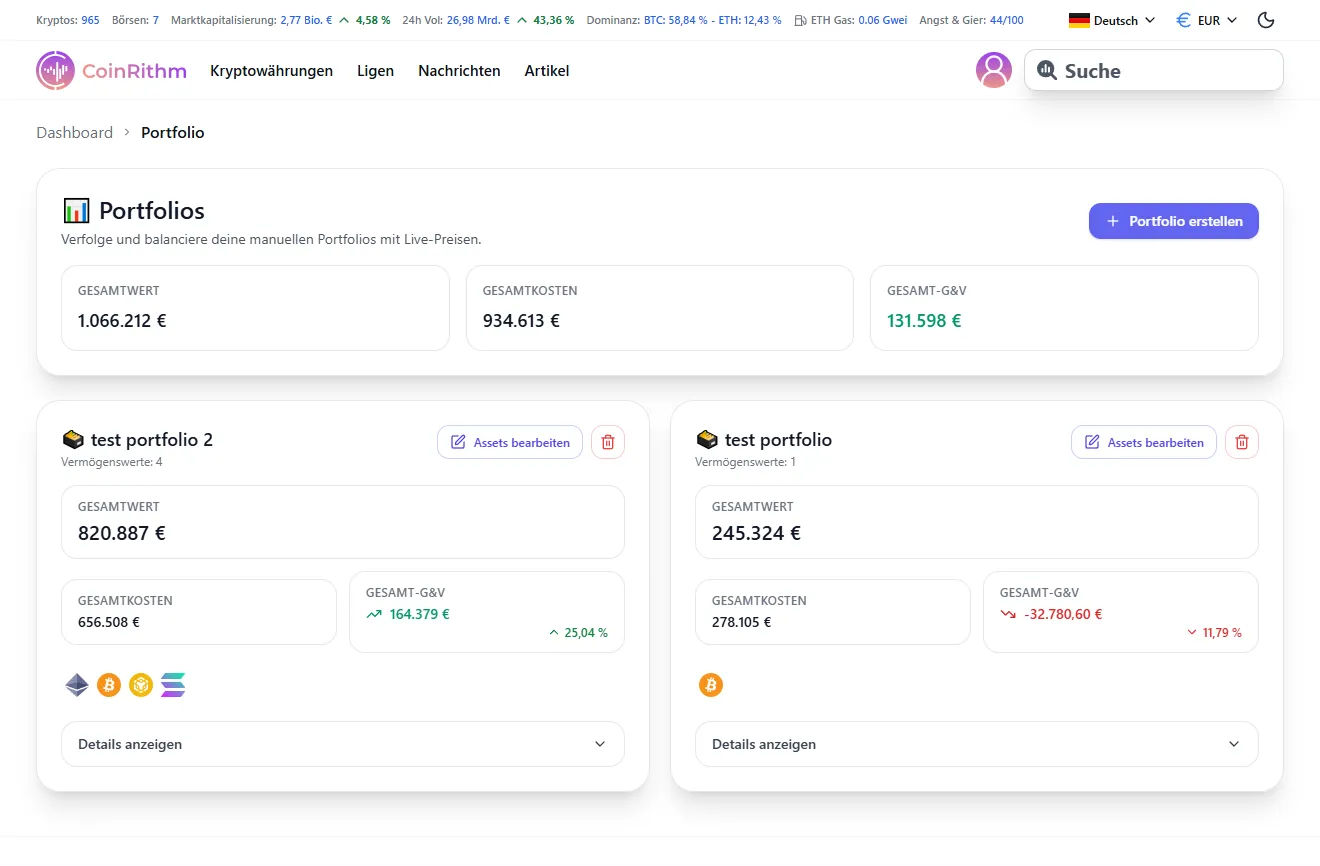 Portfolio-Seite mit mehreren Portfolios mit Total Value, Cost und P&L Metriken