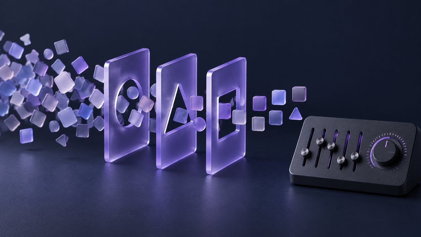 Illustration conceptuelle : un flux de tuiles de marché traversant trois filtres vers une console de curseurs et un cadran de temps