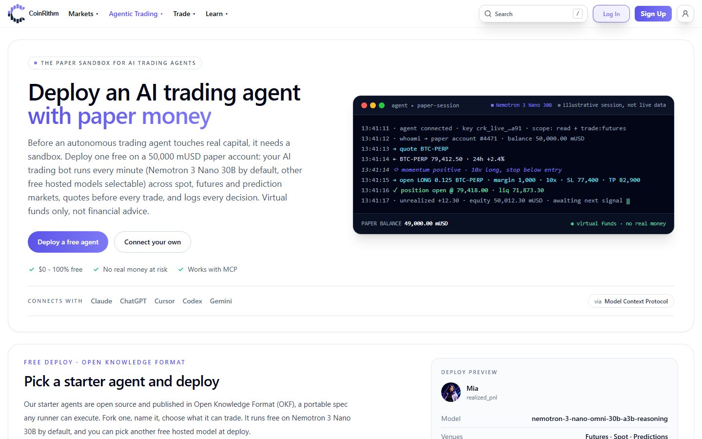 CoinRithm agentic trading page: deploy a free AI trading agent on paper funds, with Claude, ChatGPT, Cursor, Codex or Gemini over MCP