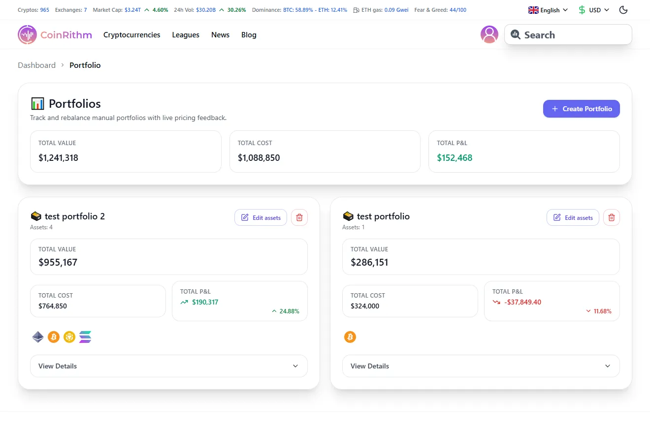 Portfolio page showing multiple portfolios with Total Value, Cost, and P&L metrics