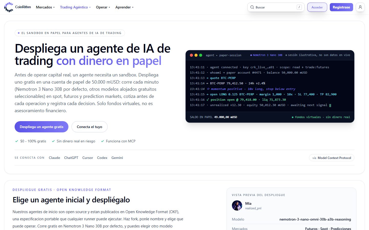 Página de trading agéntico de CoinRithm: despliega gratis un agente de trading con IA con fondos simulados, con Claude, ChatGPT, Cursor, Codex o Gemini vía MCP