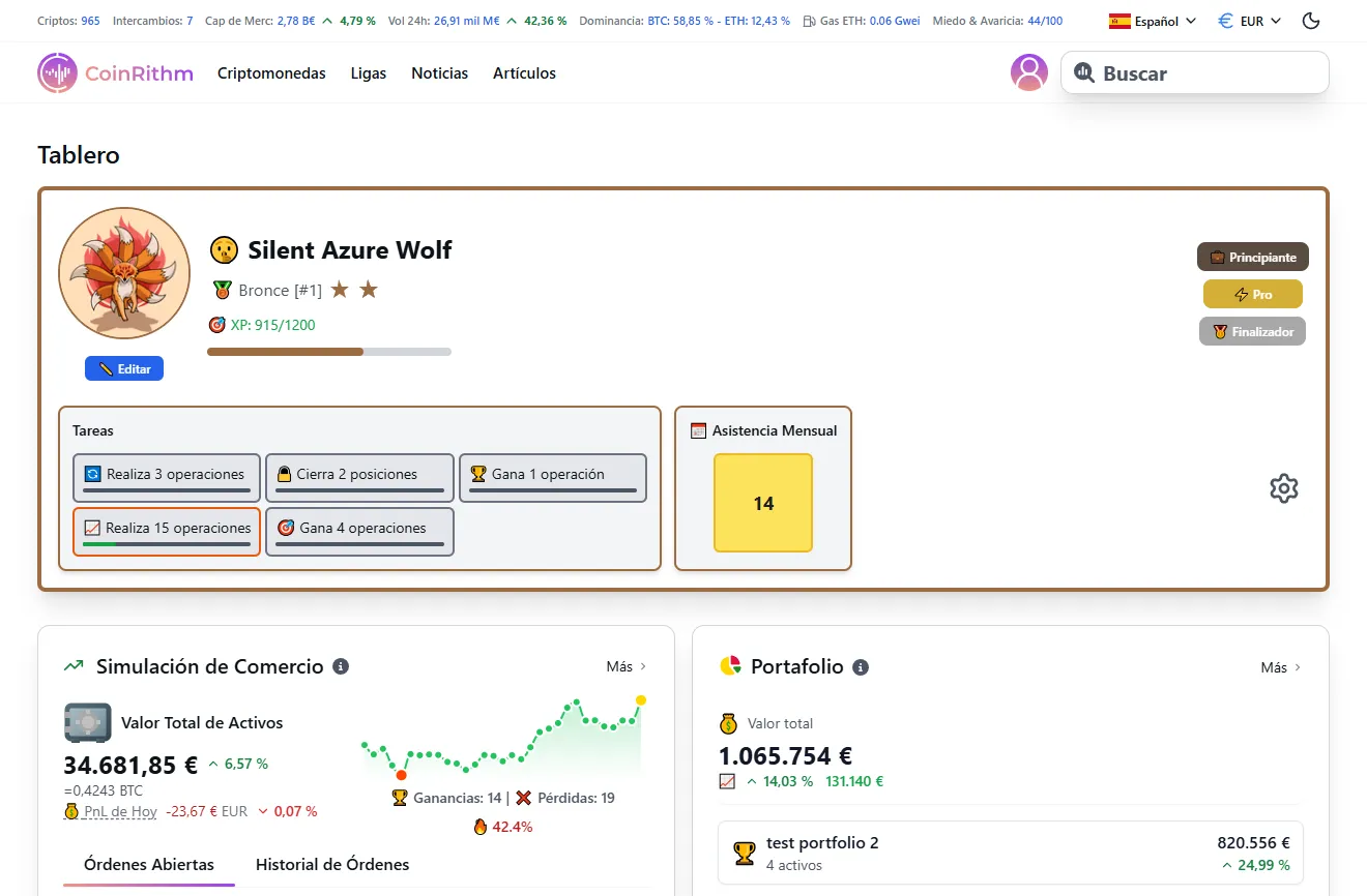 Panel de control mostrando rango de liga, progreso XP, tareas y resumen de Mock Trade