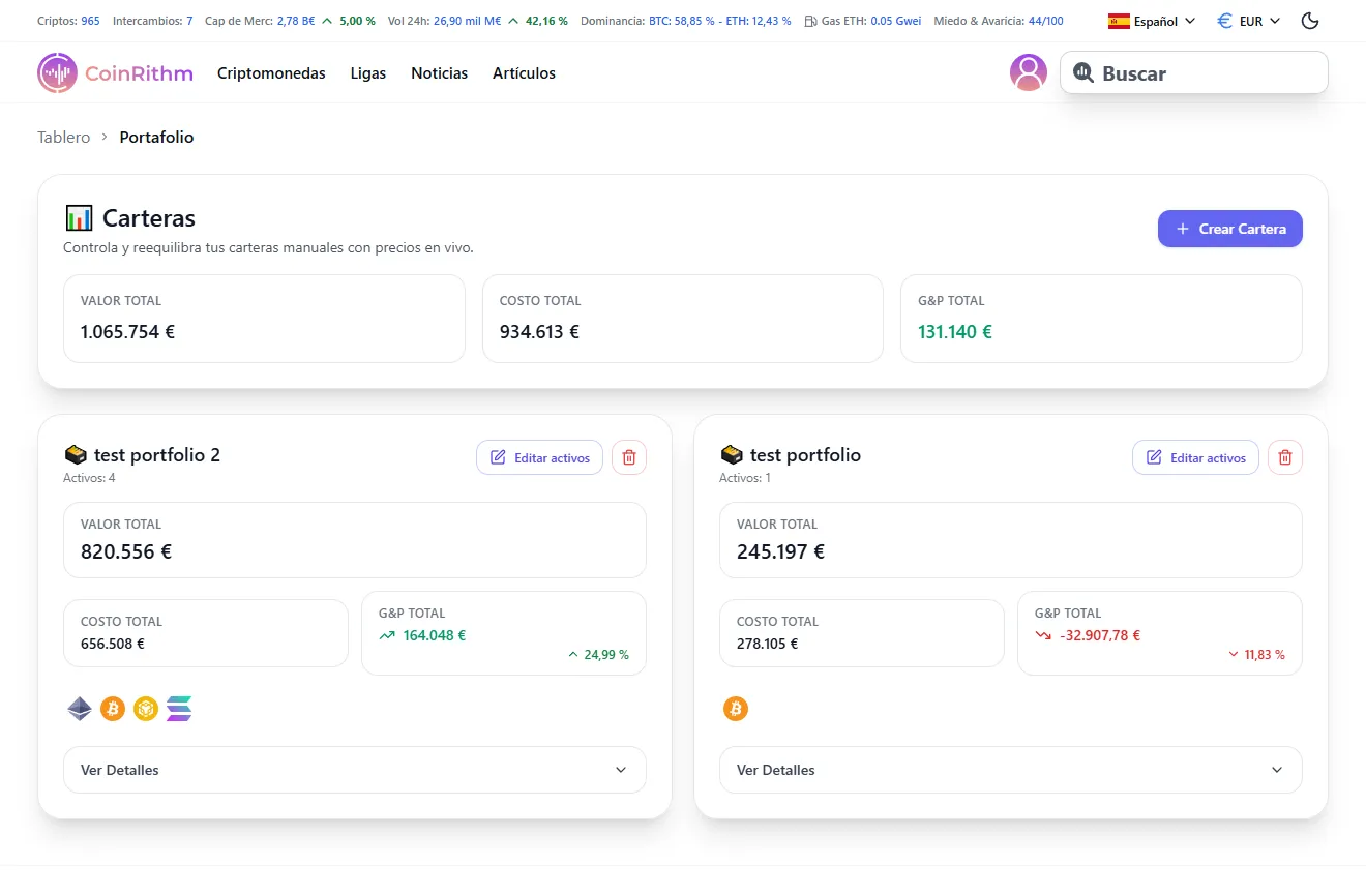 Página de Portafolio mostrando múltiples portafolios con métricas de Valor Total, Costo y P&L