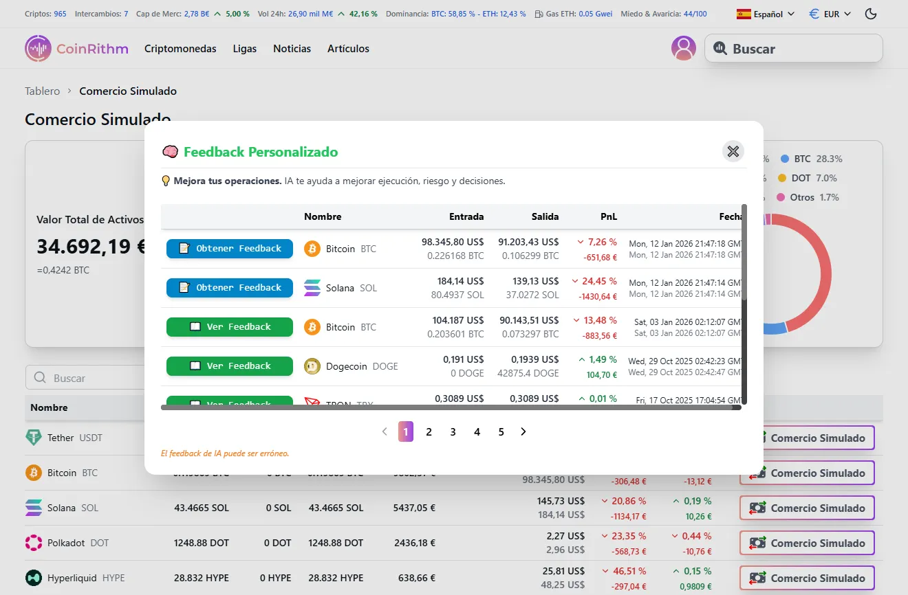Interfaz de Retroalimentación Personalizada mostrando historial de operaciones con botones Obtener Retroalimentación y Ver Retroalimentación