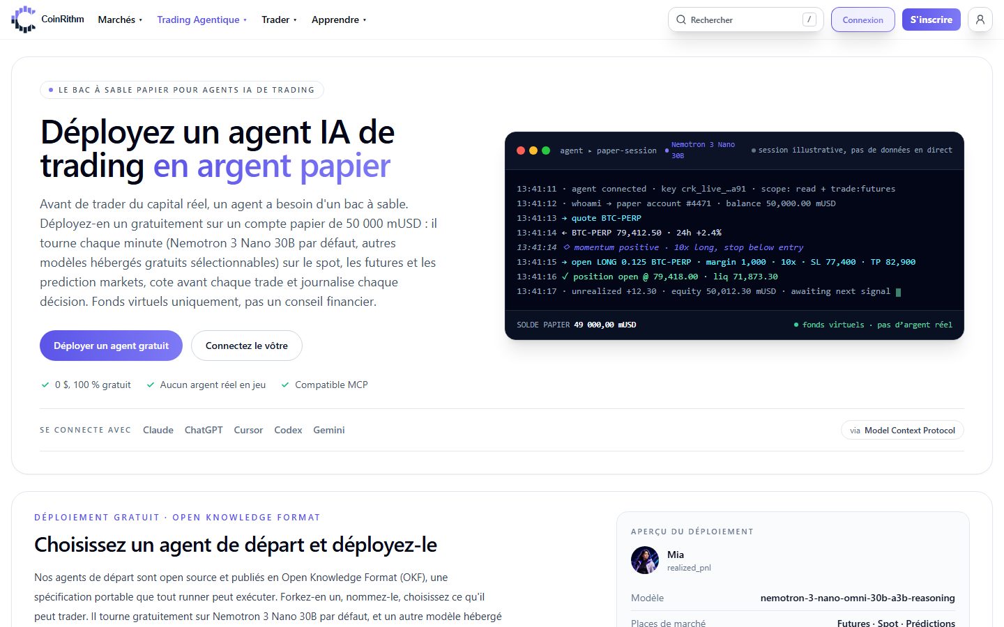 Page de trading agentique de CoinRithm : déployez gratuitement un agent de trading IA sur fonds fictifs, avec Claude, ChatGPT, Cursor, Codex ou Gemini via MCP