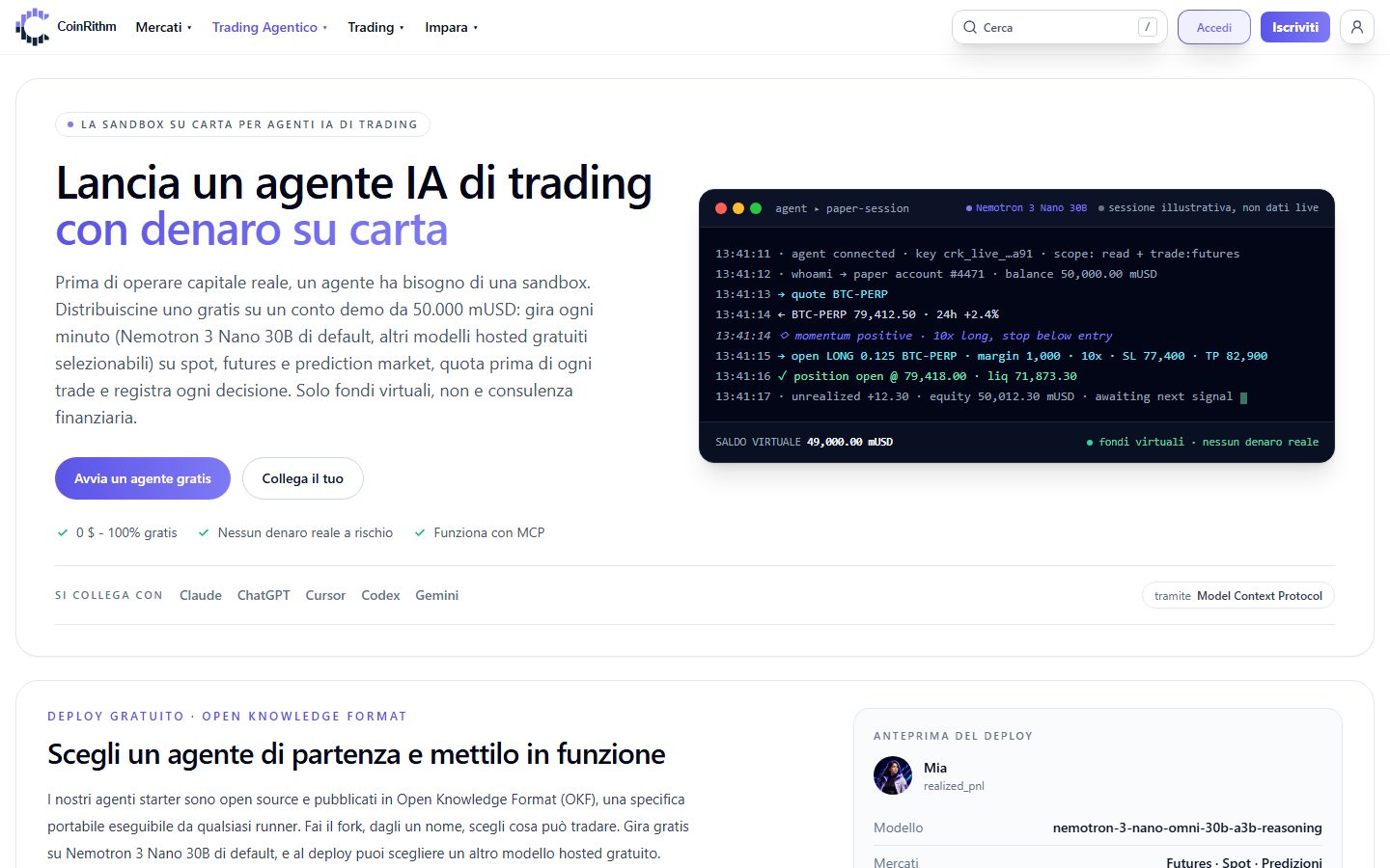 Pagina di trading agentico di CoinRithm: avvia gratis un agente di trading IA con fondi simulati, con Claude, ChatGPT, Cursor, Codex o Gemini tramite MCP