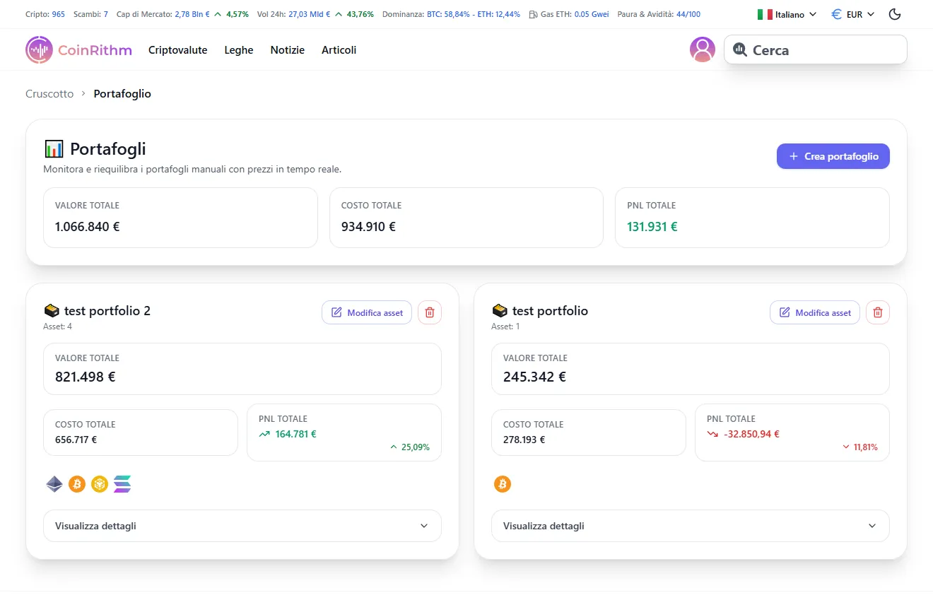 Pagina Portafoglio che mostra portafogli multipli con metriche Total Value, Cost e P&L
