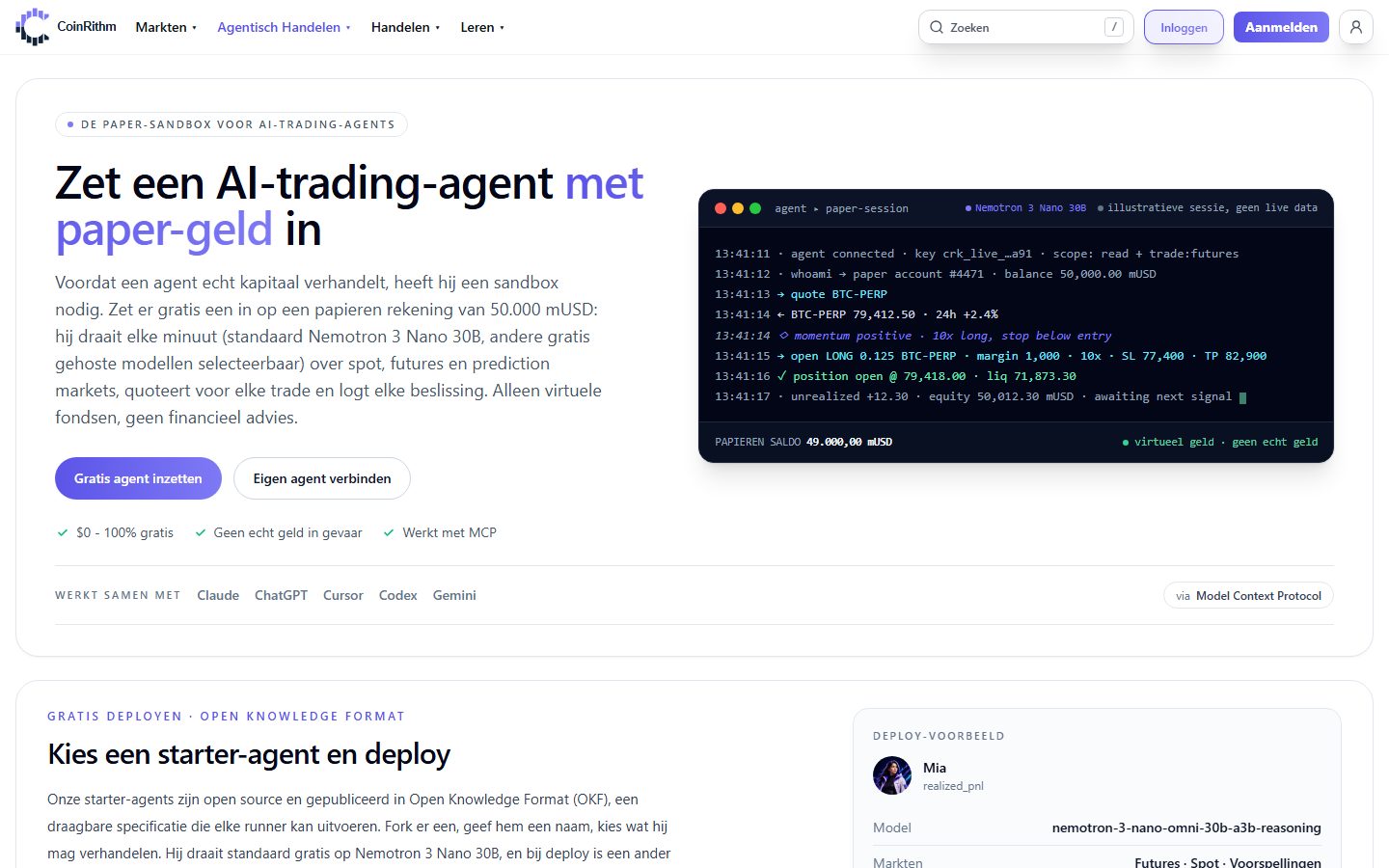 CoinRithm-pagina voor agentic trading: zet gratis een AI-tradingagent in met papiergeld, met Claude, ChatGPT, Cursor, Codex of Gemini via MCP