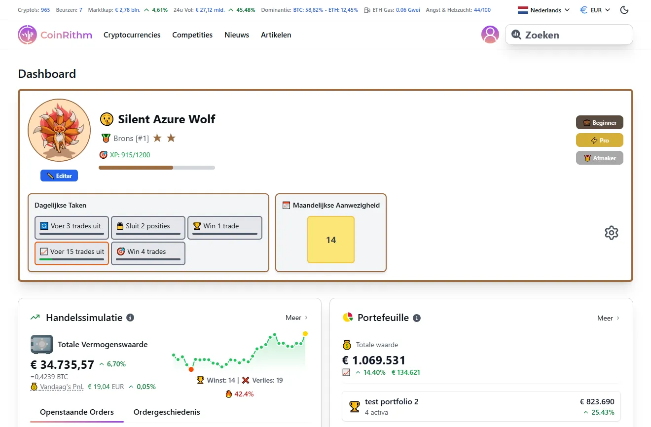 Dashboard met league rank, XP-voortgang, taken en Mock Trade overzicht