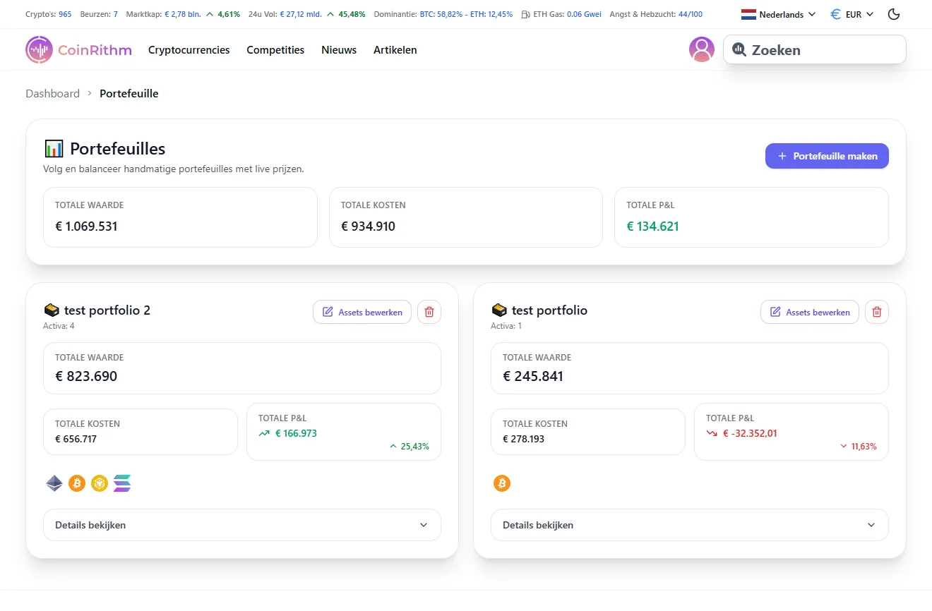 Portfolio pagina met meerdere portefeuilles met Total Value, Cost en P&L metrics