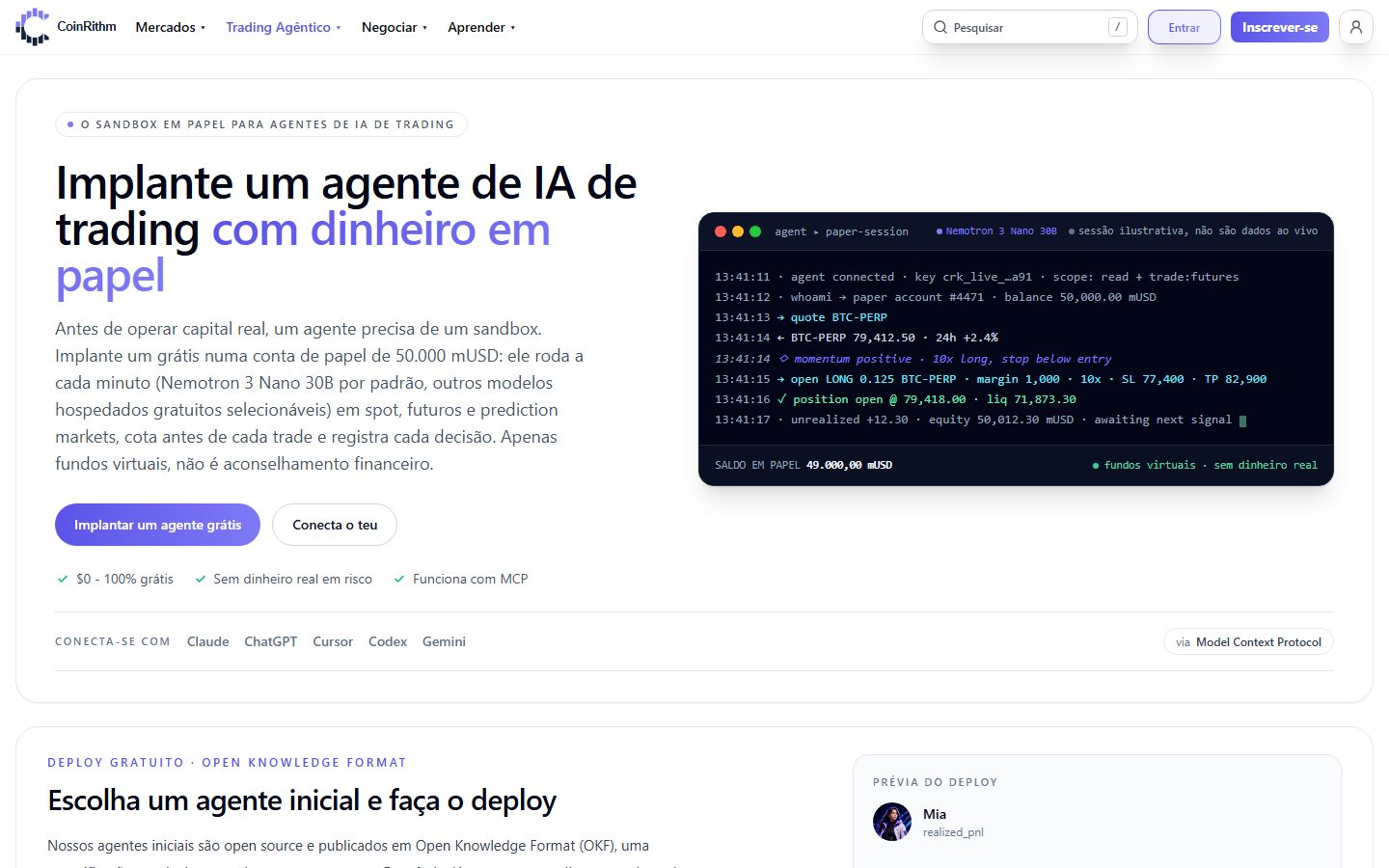 Página de trading agêntico da CoinRithm: implante grátis um agente de trading com IA com fundos simulados, com Claude, ChatGPT, Cursor, Codex ou Gemini via MCP