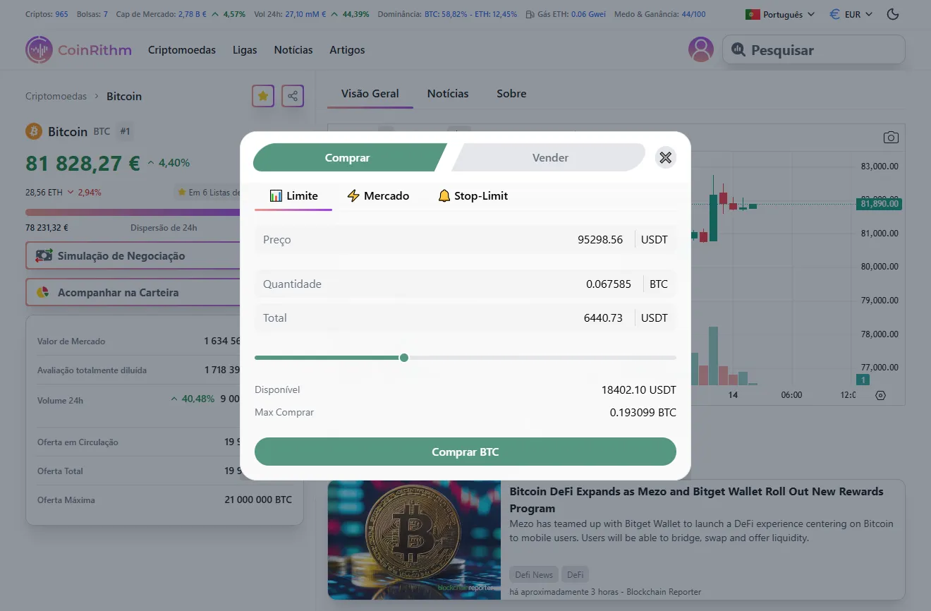 Interface de ordem do Bitcoin mostrando ordem de compra de Mercado com saldo Available e Max Buy