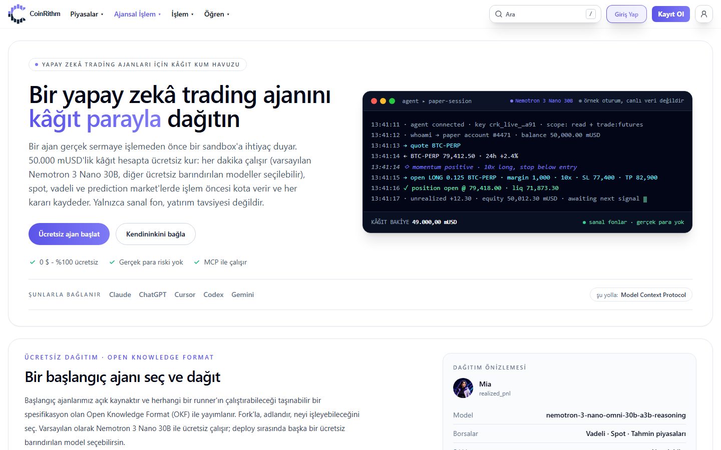 CoinRithm ajansal işlem sayfası: Claude, ChatGPT, Cursor, Codex veya Gemini ile MCP üzerinden kâğıt fonlarla ücretsiz yapay zekâ trading ajanı dağıtın