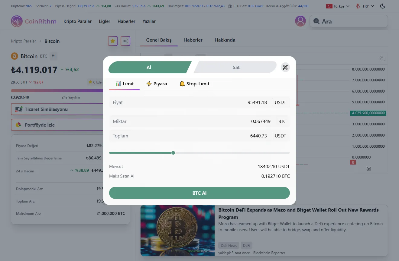 Bitcoin emir arayüzü Kullanılabilir bakiye ve Maksimum Alış ile Market satın alma emrini gösteriyor