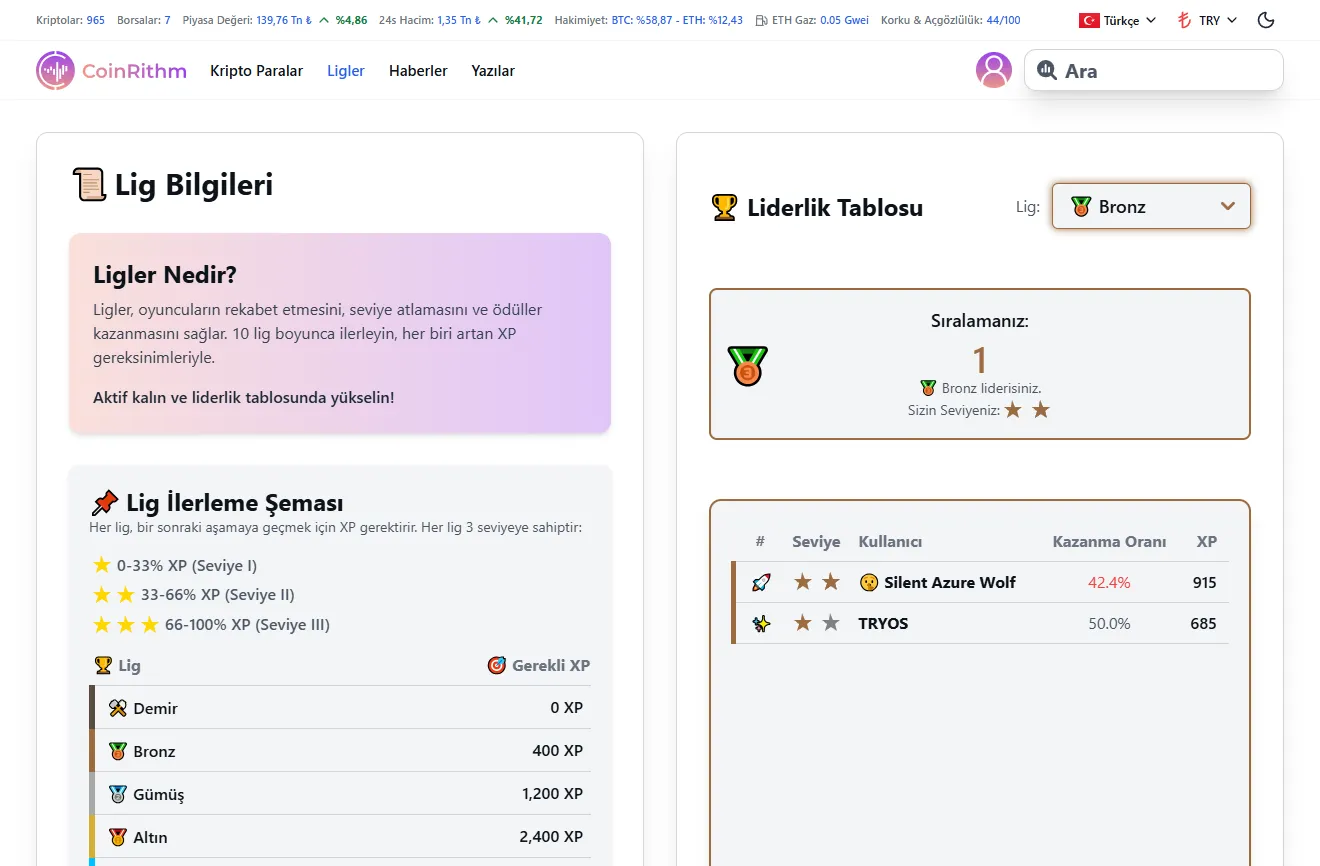 Iron'dan Challenger'a kadar XP gereksinimleri ve liderlik tablosu ile 10 kademeyi gösteren lig sistemi